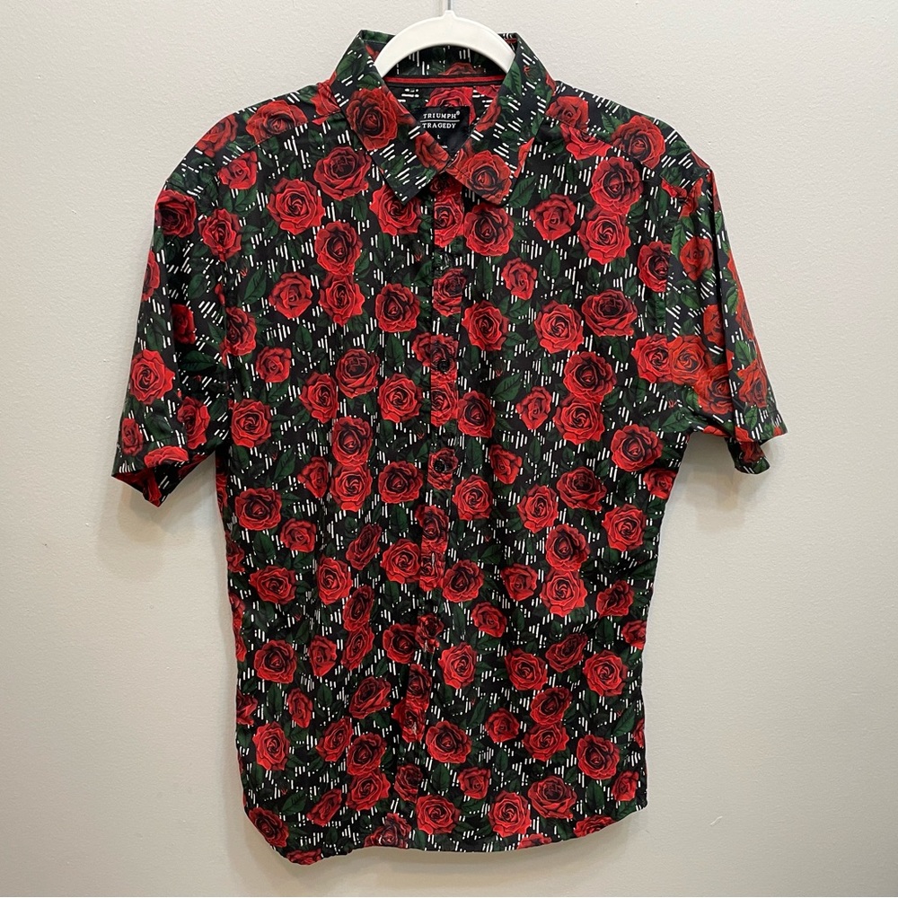 NWOT 2-Piece Set Triumph Tragedy Red and Black Rose Floral Men's Shirt Shorts